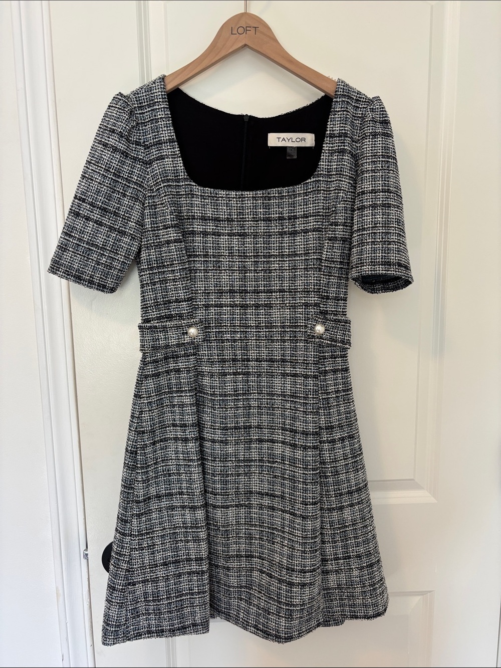 Taylor Black and White Tweed Square-Neck Mini Dress with Pearl Trim